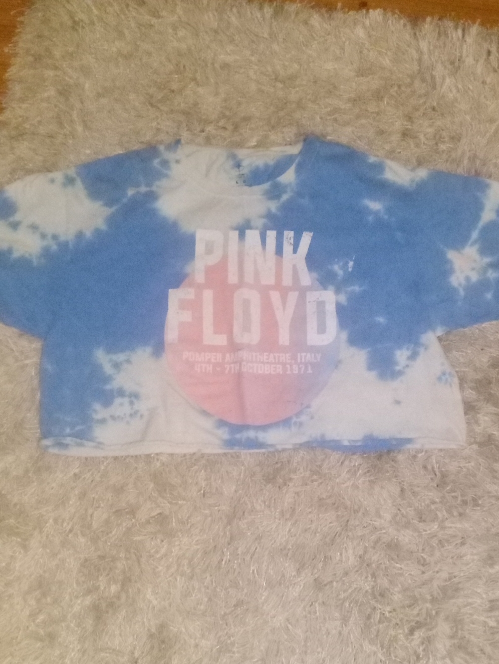 Pink Floyd Blue and White Tie-Dye Crop Top with Pink Graphic
